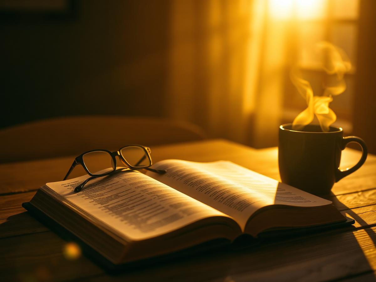 Bíblia aberta com luz dourada da manhã
